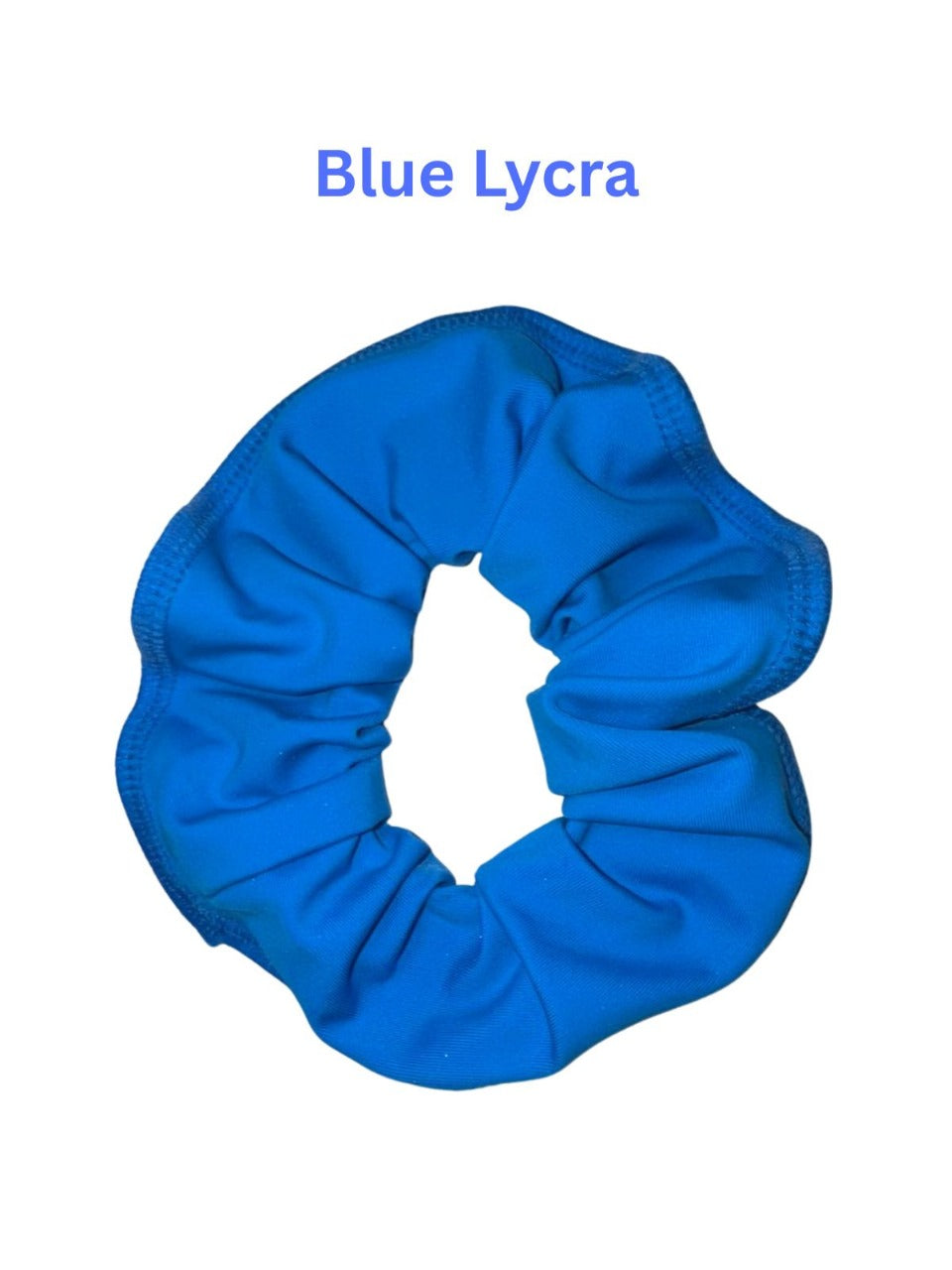 Blue scrunchie on a white background with 'Blue Lycra' text above.
