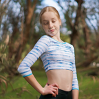 RSG-336 Blue Palms Dance Crop. RS Gymwear Australia. Long sleeve crop top.