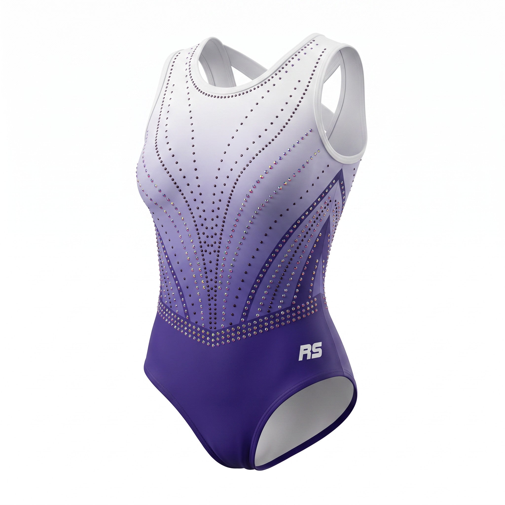 A sleeveless gymnastics leotard featuring a white-to-purple gradient body with rhinestone embellishments and a white 'RS' logo on the lower right hip, shown against a plain white background.