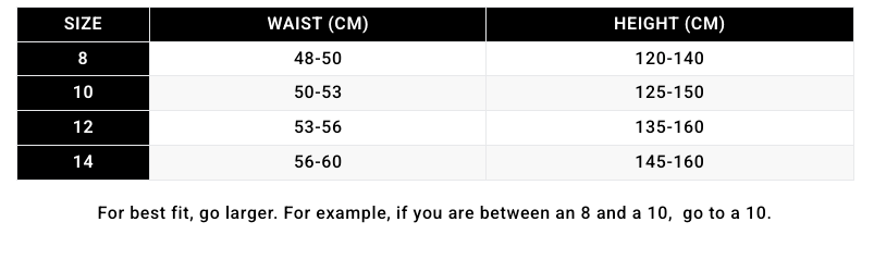 A size chart and calculator page for BASE Youth Boys Compression Tights in black, showing a 'Calculate My Size' form and a waist/height size table with rows for sizes 8 through 14.