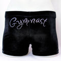 RS Gymwear Australia. Gymnast shorts. Black Velvet Shorts with Gymnast motif..
