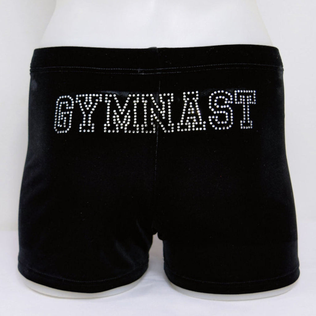 RS Gymwear Australia. GYMNAST Shorts. Black Velvet shorts with GYMNAST Motif. Dance shorts.