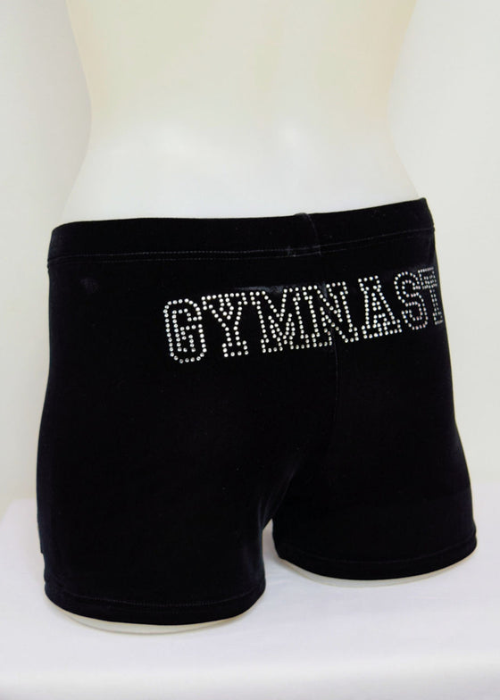 RS Gymwear Australia. GYMNAST Shorts. Black Velvet shorts with GYMNAST Motif. Dance shorts.