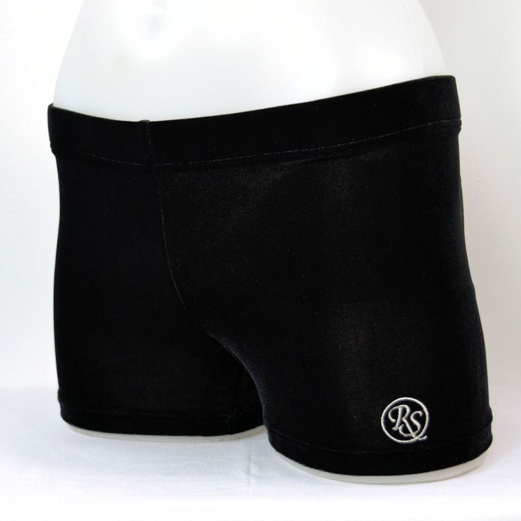 RS Gymwear Australia. Gymnast shorts. Black Velvet Shorts with Gymnast motif..
