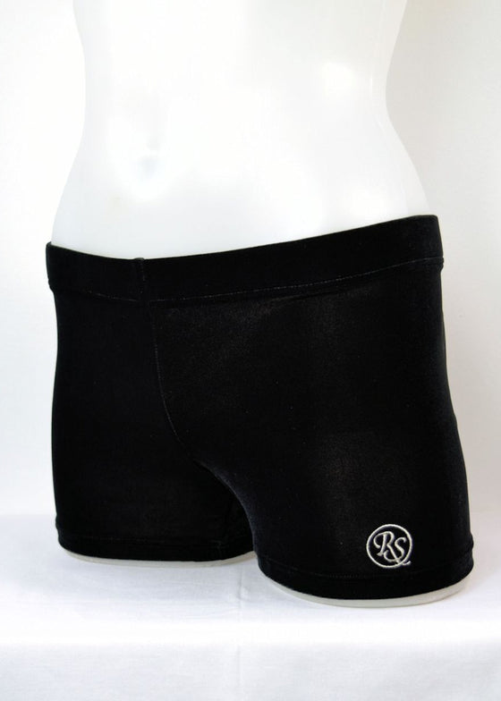 RS Gymwear Australia. Gymnast shorts. Black Velvet Shorts with Gymnast motif..