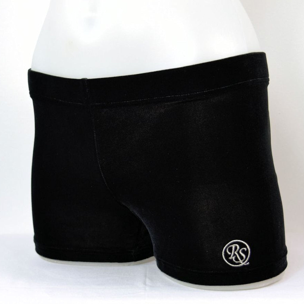 RS Gymwear Australia. GYMNAST Shorts. Black Velvet shorts with GYMNAST Motif. Dance shorts.