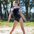 RSG-105 Black sleeveless leotard. RS Gymwear Australia. Black mystique leotard.