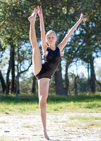 RSG-105 Black sleeveless leotard. RS Gymwear Australia. Black mystique leotard. High Kick.