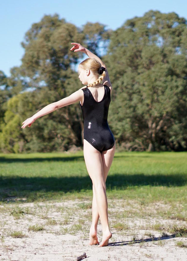 RSG-105 Black sleeveless leotard. RS Gymwear Australia. Black mystique leotard.