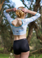 RSG-336 Blue Palms Dance Crop. RS Gymwear Australia. Long sleeve crop top.