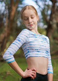 RSG-336 Blue Palms Dance Crop. RS Gymwear Australia. Long sleeve crop top.