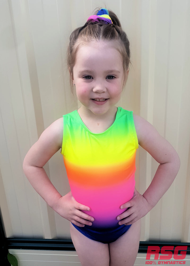 RS Gymwear Australia. RSG-482 Neon Rainbow Magic leotard. Rainbow leotard.