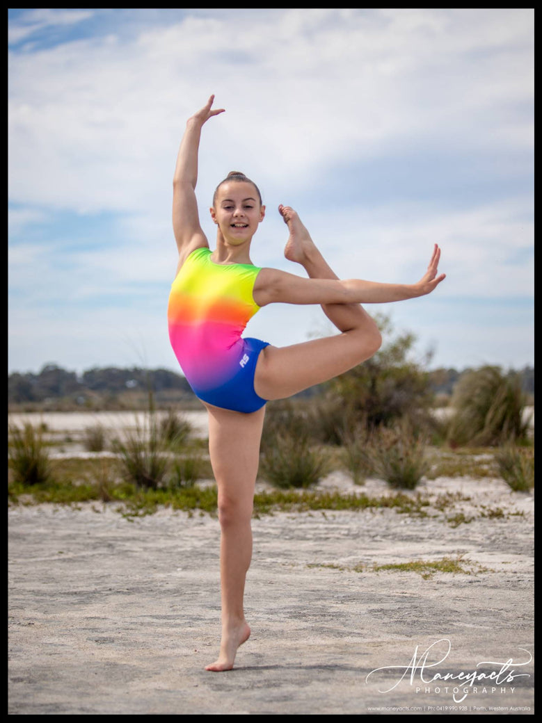 RS Gymwear Australia. RSG-482 Neon Rainbow Magic leotard. Rainbow leotard.
