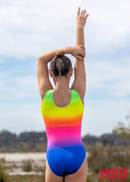 RS Gymwear Australia. RSG-482 Neon Rainbow Magic leotard. Rainbow leotard.