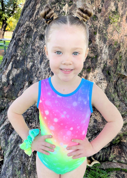 RS Gymwear Australia. Addie leotard. Rainbow Lycra leotard. RSG-606. Rainbow dance leotard.