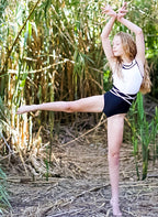 RSG-617 En Pointe Lycra Leotard. RS Gymwear Australia. Dancing leotard. Black & White Leotard. Dancer in long grasses.