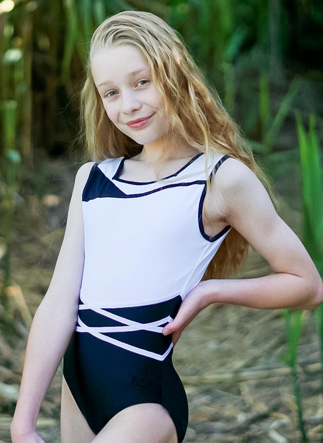 RSG-617 En Pointe Lycra Leotard. RS Gymwear Australia. Dancing leotard. Black & White Leotard.