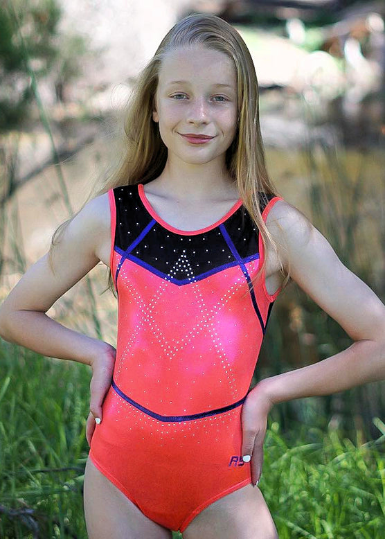 RSG-620. Coral Skye sleeveless leotard. RS Gymwear Australia. Orangeade Fuchsia. Coral leotard.