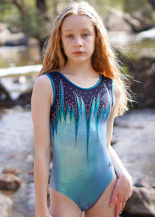  RSG-636 Blaze Incandescence sleeveless leotard. RS Gymwear Australia. Blue Pearl Rainbow leotard.