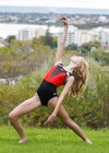 RSG-655. Nala Force sleeveless leotard Australia. Black & Red leotard. Dancer pose